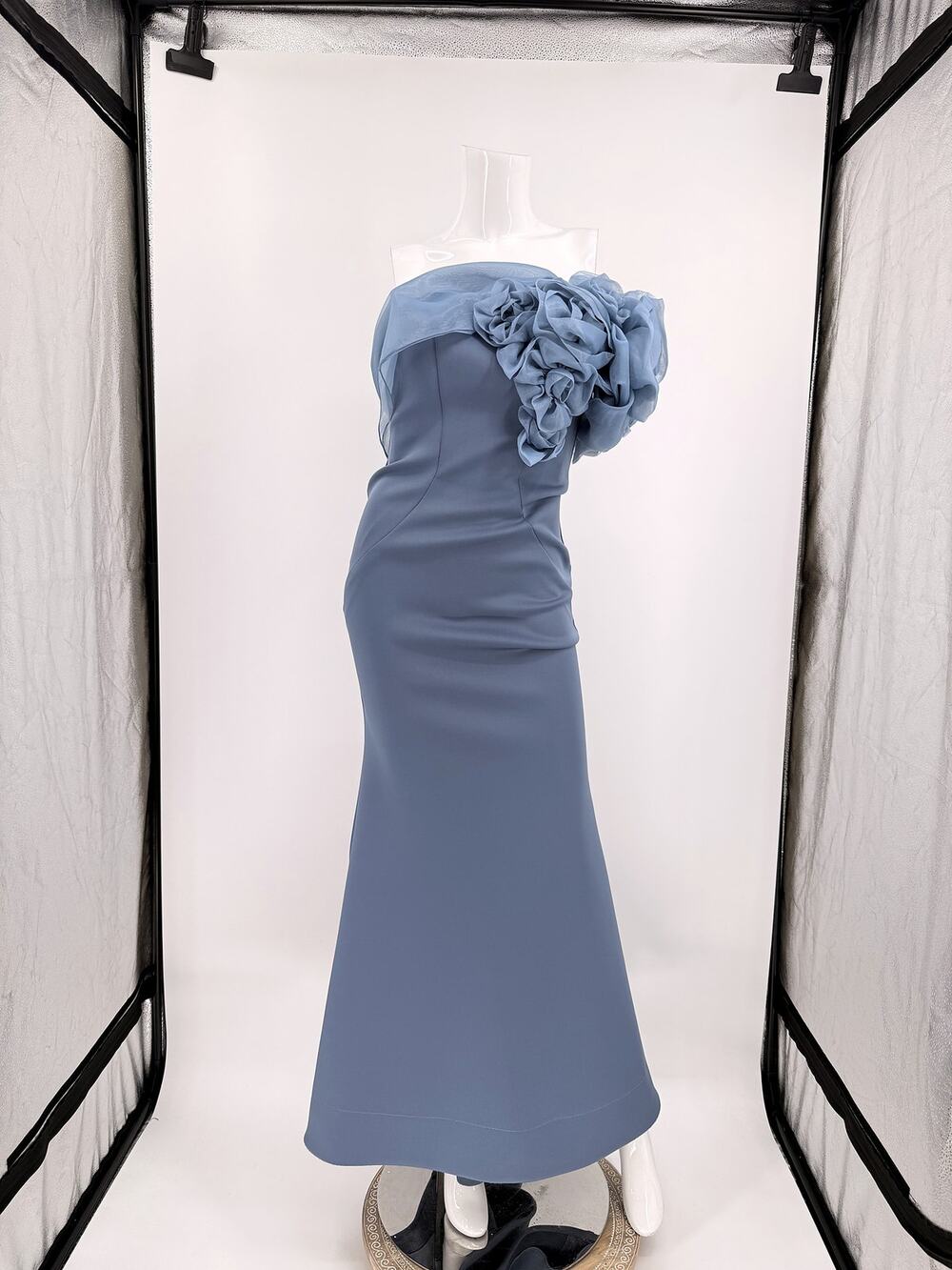 MGNY Scuba Crepe Floral Drape Straight Neck Maxi Gown Slate Blue Women's Size 2